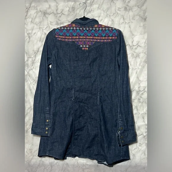Stetson Denim Embroidered Button Snap Mid Blue Dress with Belt Loops S - Picture 2 of 3